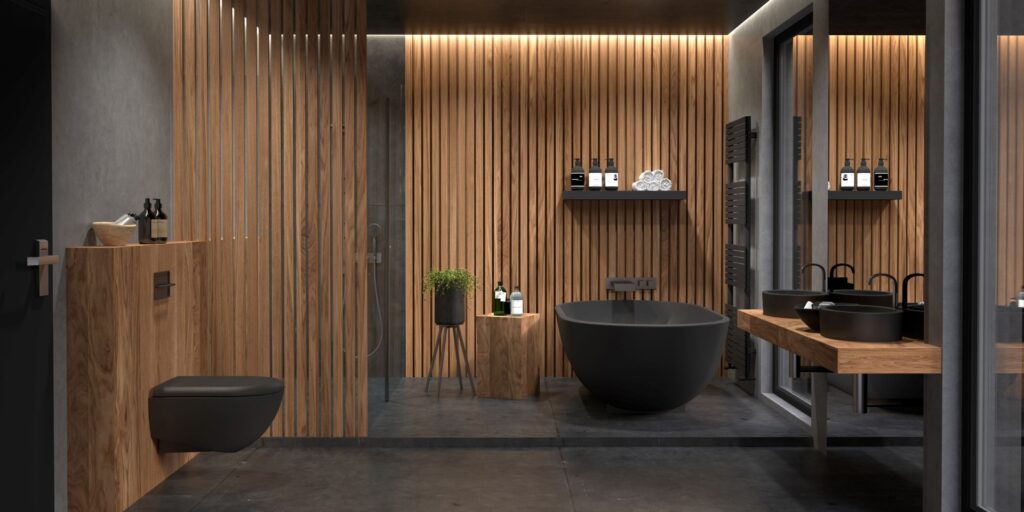 Ein modernes Badezimmer mit schwarzen Duscharmaturen, einer freistehenden schwarzen Badewanne, schwarzen Waschbecken und minimalistischen Holzelementen. Elegantes Design kombiniert Holzverkleidungen und graue Wände für ein stilvolles und luxuriöses Ambiente.