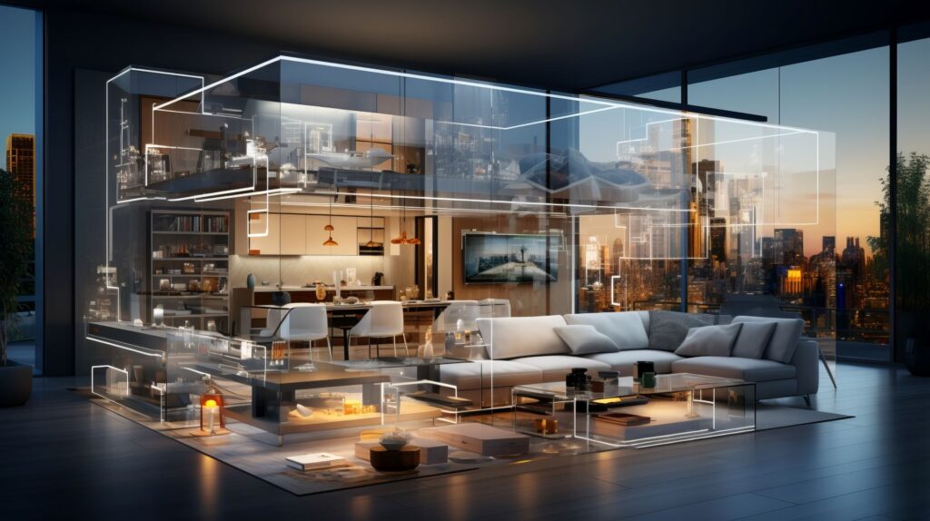 Ein futuristisches Smart Home mit transparenten, digitalen Schnittstellen, die verschiedene Wohnbereiche zeigen, einschließlich einer vernetzten Duscharmatur im Badezimmer. Das Bild zeigt ein luxuriöses, modernes Wohnzimmer mit Blick auf eine städtische Skyline bei Sonnenuntergang, hervorgehoben durch fortschrittliche Technologie und stilvolles Design.