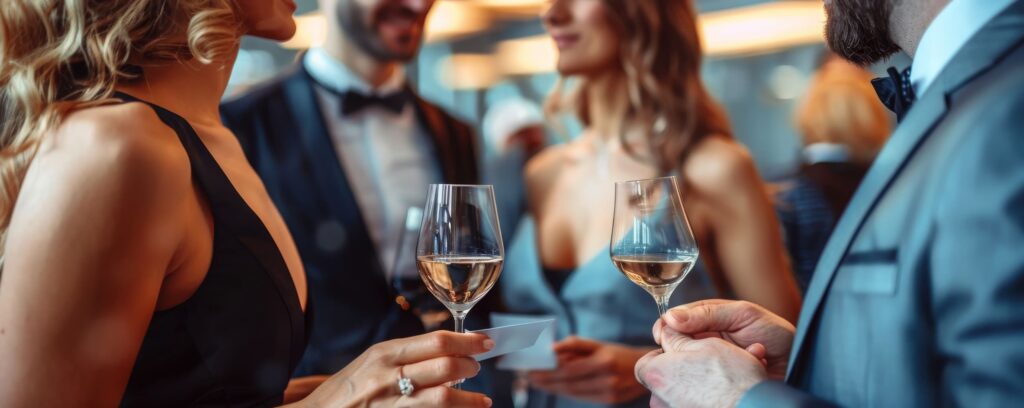 Gruppe von Geschäftsleuten genießt einen eleganten Abend mit Wein in Stuttgart, ideale Gelegenheit für gehobene Geschäftstreffen und diskrete professionelle Begleitung.