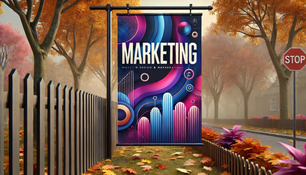 Ein farbenfrohes Bauzaunbanner mit dem Wort "Marketing" in großen Buchstaben, aufgehängt an einem Zaun entlang einer Baumallee im Herbst. Das Banner zeigt ein modernes Design mit abstrakten Formen und lebhaften Farben, ideal zur Förderung von Marketingbotschaften