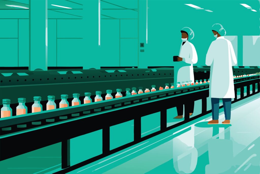 produktionslinie in lebensmittelindustrie mit qualitaetskontrolle und industriewaage im einsatz