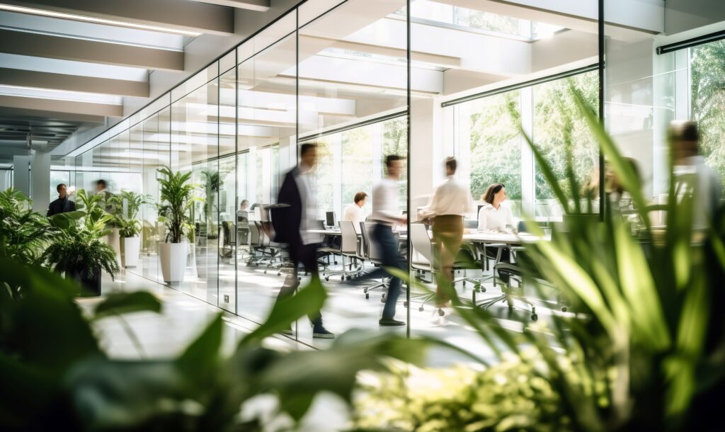 Heller Arbeitsplatz mit Menschen, die in verschwommener Bewegung in einem modernen Büro dessiniert.