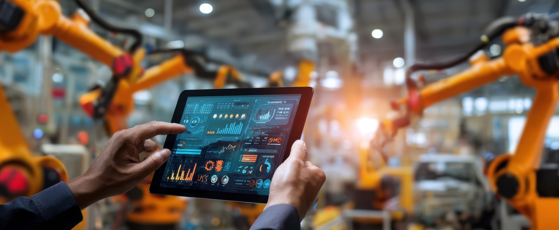 Tablet steuert Roboterarme in Fabrikhalle | Minikrane mieten