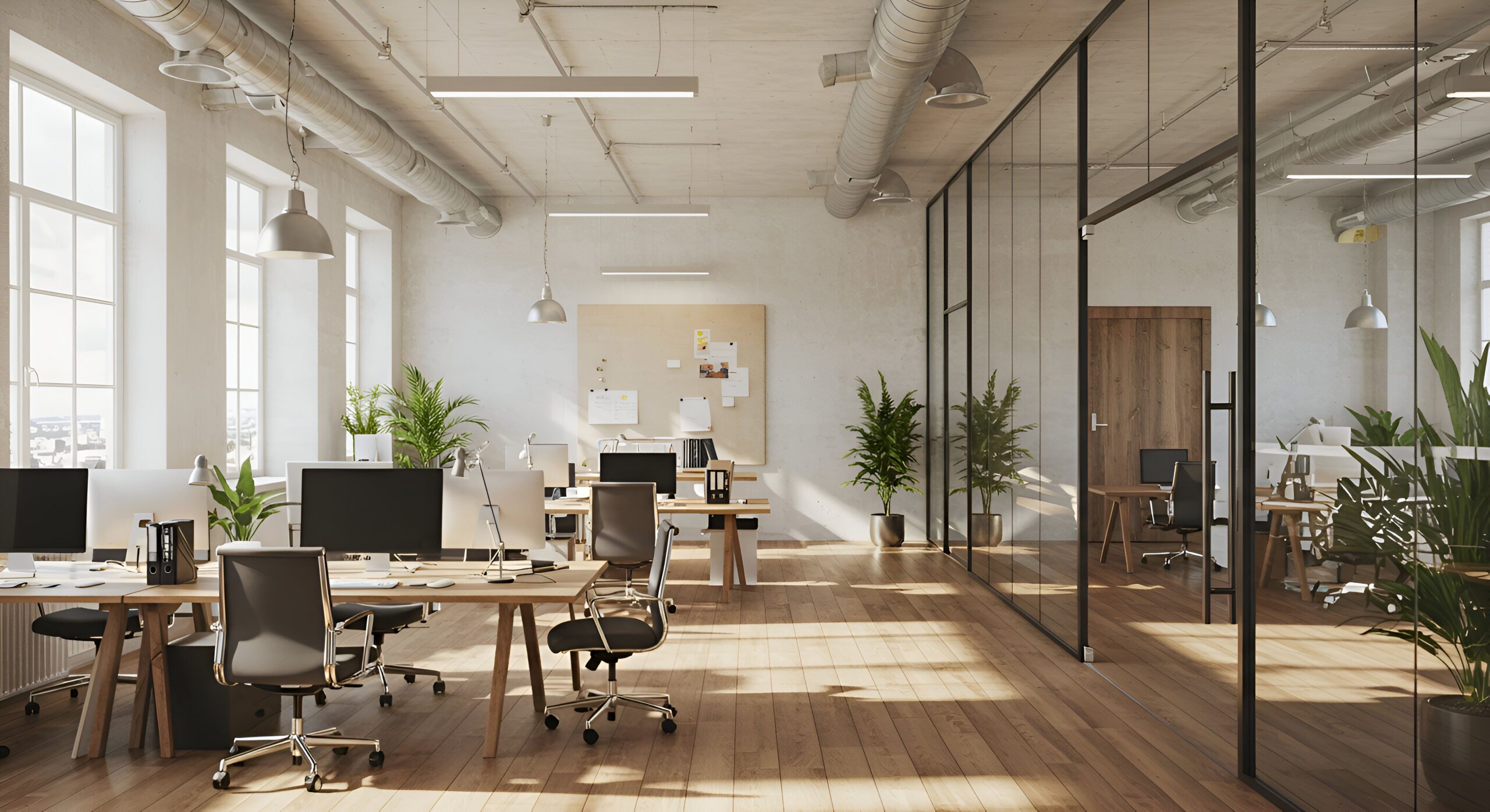 Ein modernes, offenes Büroumfeld zeigt minimalistisches Design und natürliches Licht.