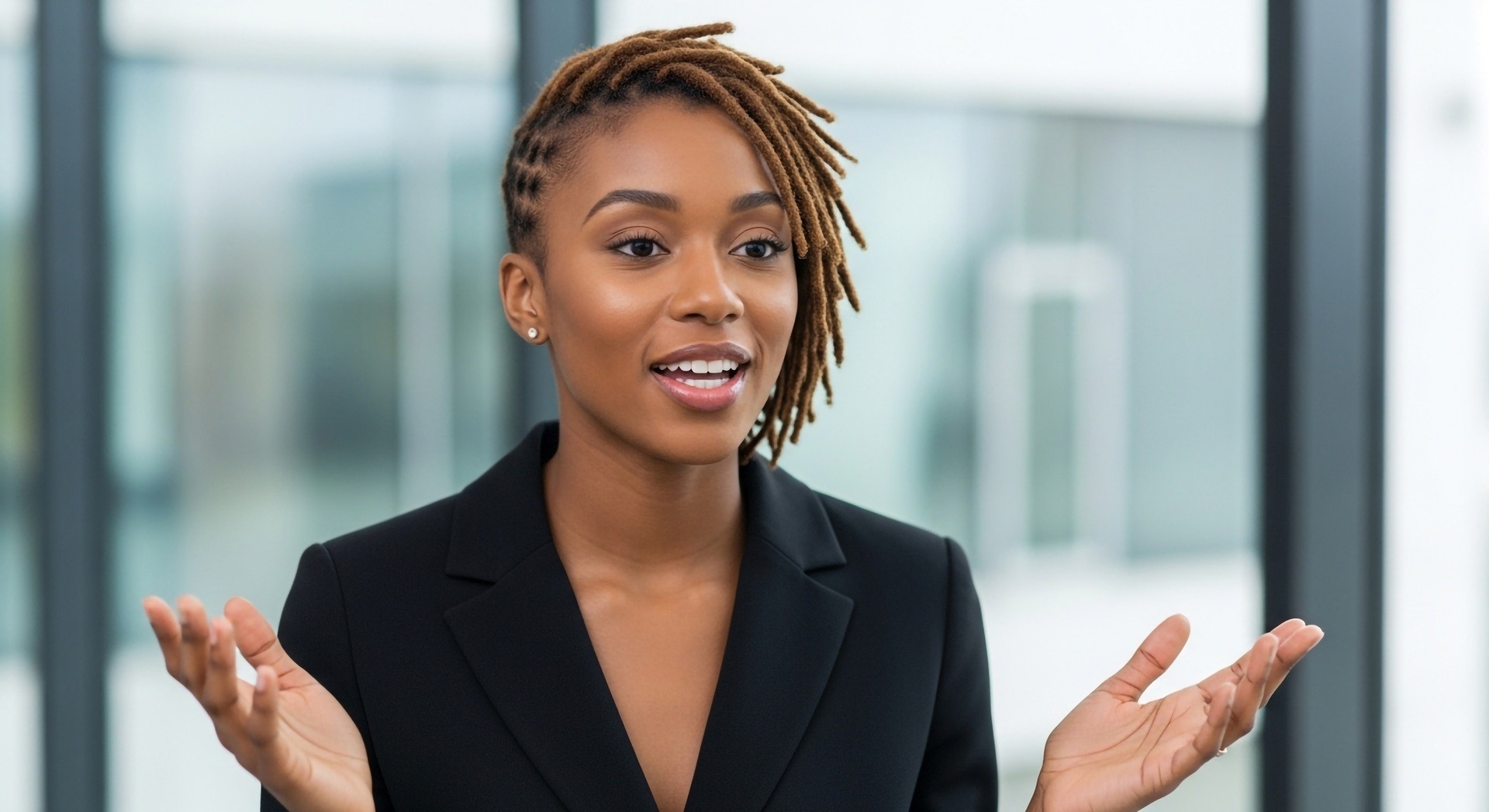 Selbstbewusste Frau spricht gestikulierend im Büro | Ponytail Extensions
