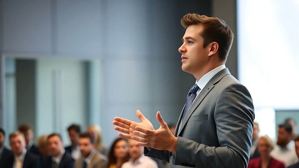 Mann hält Rede vor Publikum im Konferenzraum | Ponytail Extensions